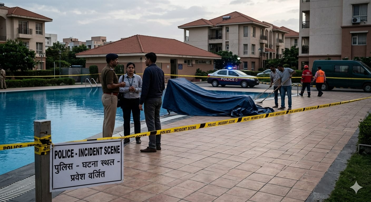 तेलंगाना के वारंगल में एक निजी स्विमिंग पूल का दृश्य जहां एक महिला और उसकी दो बेटियों के शव मिले।