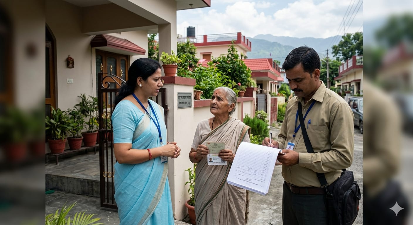 देहरादून में एक घर के प्रवेश द्वार पर खड़ी बुजुर्ग महिला से जानकारी लेते हुए एक महिला और एक पुरुष सरकारी अधिकारी, जो पेंशन सत्यापन फॉर्म भर रहे हैं। बैकग्राउंड में देहारादून की पहाड़ियां दिख रही हैं