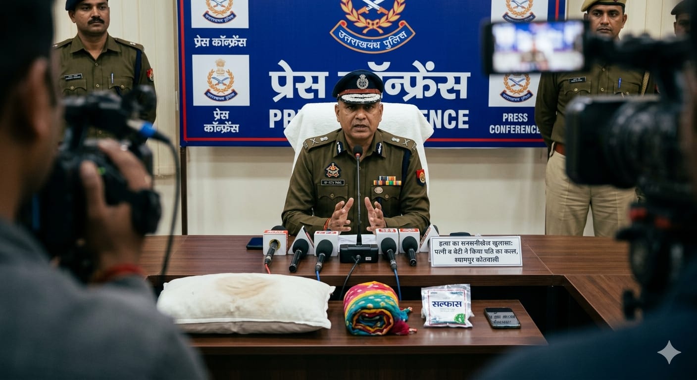 हरिद्वार पुलिस प्रेस कॉन्फ्रेंस में हत्याकांड का खुलासा करते हुए, मेज पर बरामद तकिया और अन्य सामान रखा है