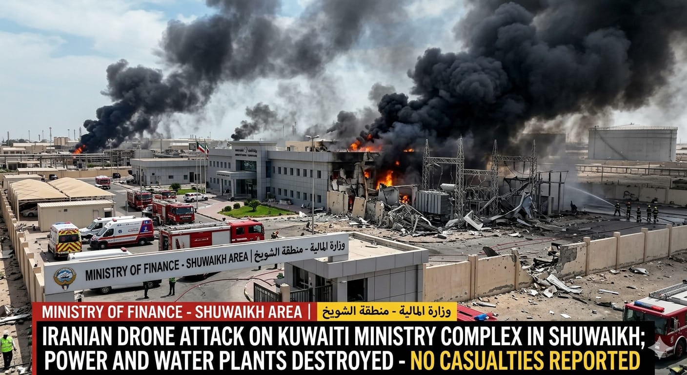 कुवैत के शुवैख तेल क्षेत्र में वित्त मंत्रालय के कॉम्प्लेक्स पर ड्रोन हमले के बाद जलती हुई इमारतें और धुआं।