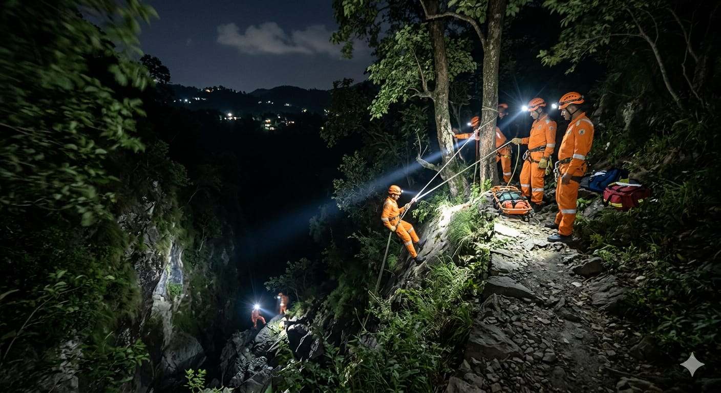 देहरादून के सहस्रधारा में गहरी खाई में रेस्क्यू ऑपरेशन चलाते हुए एसडीआरएफ (SDRF) के जवान।