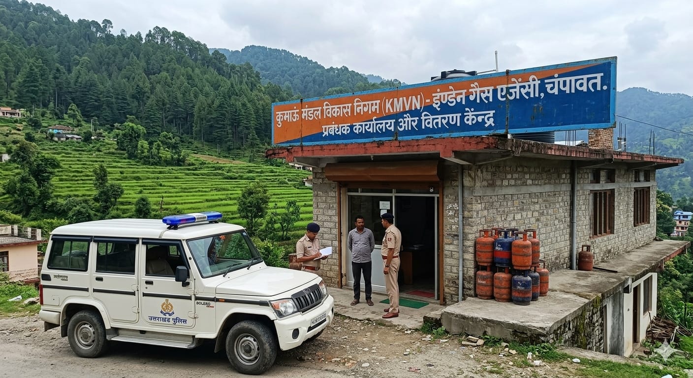 उत्तराखंड पुलिस चंपावत में KMVN इंडेन गैस एजेंसी के बाहर, जहाँ प्रबंधक ने कथित तौर पर काम के दबाव के कारण आत्महत्या कर ली।