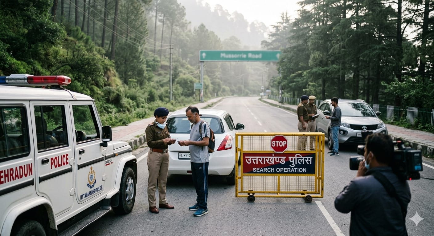 देहरादून के मसूरी रोड पर उत्तराखंड पुलिस का चेकिंग अभियान और पुलिस वाहन।