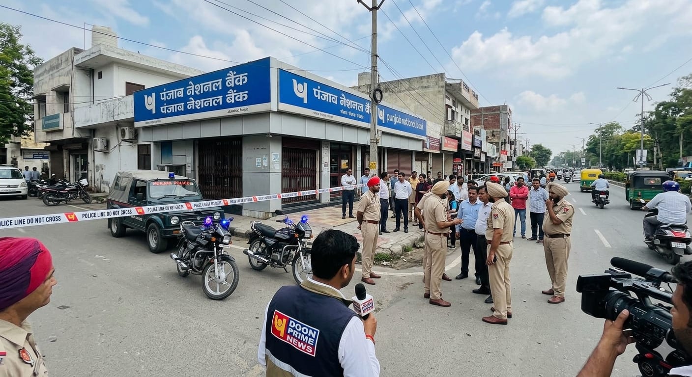 एक सड़क किनारे पंजाब नेशनल बैंक (PNB) की शाखा के बाहर पुलिस घेराबंदी और घटनास्थल की जांच करते हुए पंजाब पुलिस के जवान, साथ ही 'Doon Prime News' की कवरेज और स्थानीय भीड़