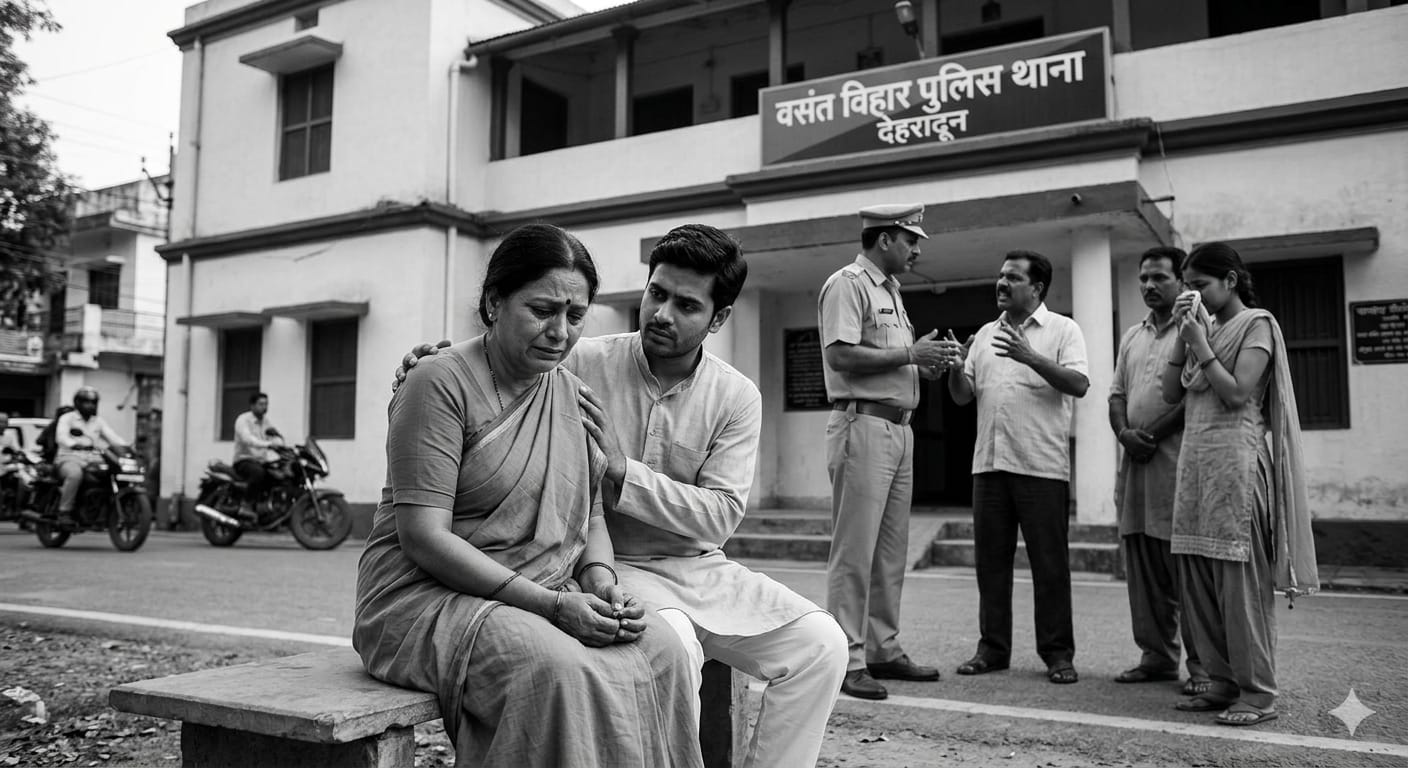 देहरादून के वसंत विहार पुलिस थाने के बाहर न्याय की मांग करते पीड़ित परिवार के सदस्य और पुलिस कार्यवाही का सांकेतिक दृश्य।