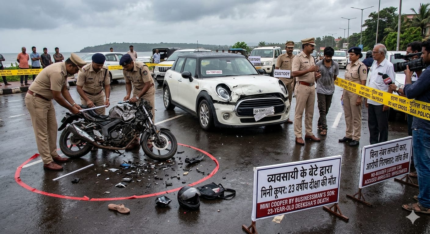गोवा के डोना पाउला में सड़क हादसे की शिकार मिनी कूपर कार और पुलिस जांच।