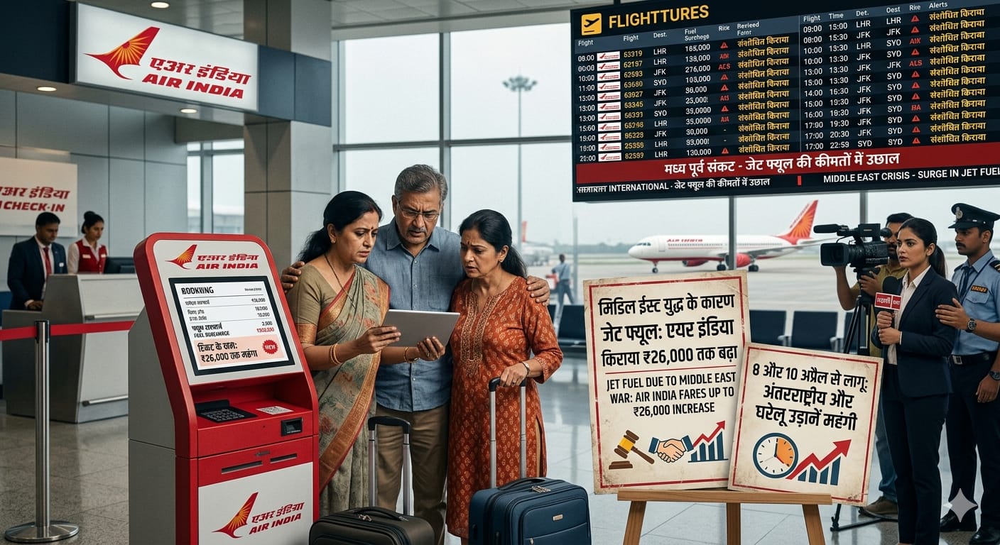 एअर इंडिया का विमान रनवे पर और बढ़ते हवाई किराए का ग्राफिक।