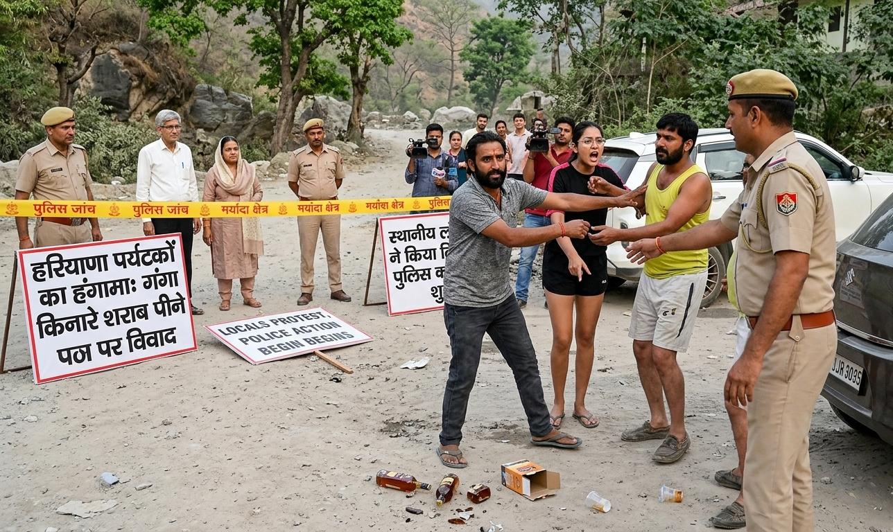 : ऋषिकेश के फूलचट्टी में पुलिस और हरियाणा के पर्यटकों के बीच विवाद का दृश्य।