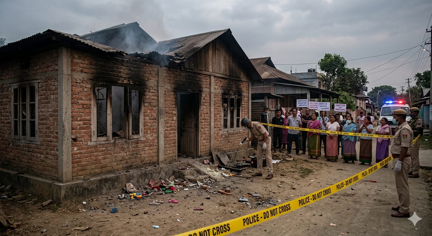 बिष्णुपुर, मणिपुर में एक आवासीय घर में हुए धमाके और आग लगने की जगह पर पुलिस टेप के पीछे खड़ा एक पुलिस अधिकारी।