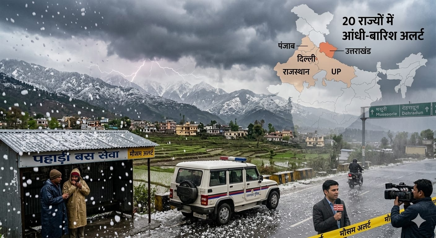 भारत में आंधी-बारिश और ओलावृष्टि का मौसम अलर्ट, काले बादल और बारिश का दृश्य।