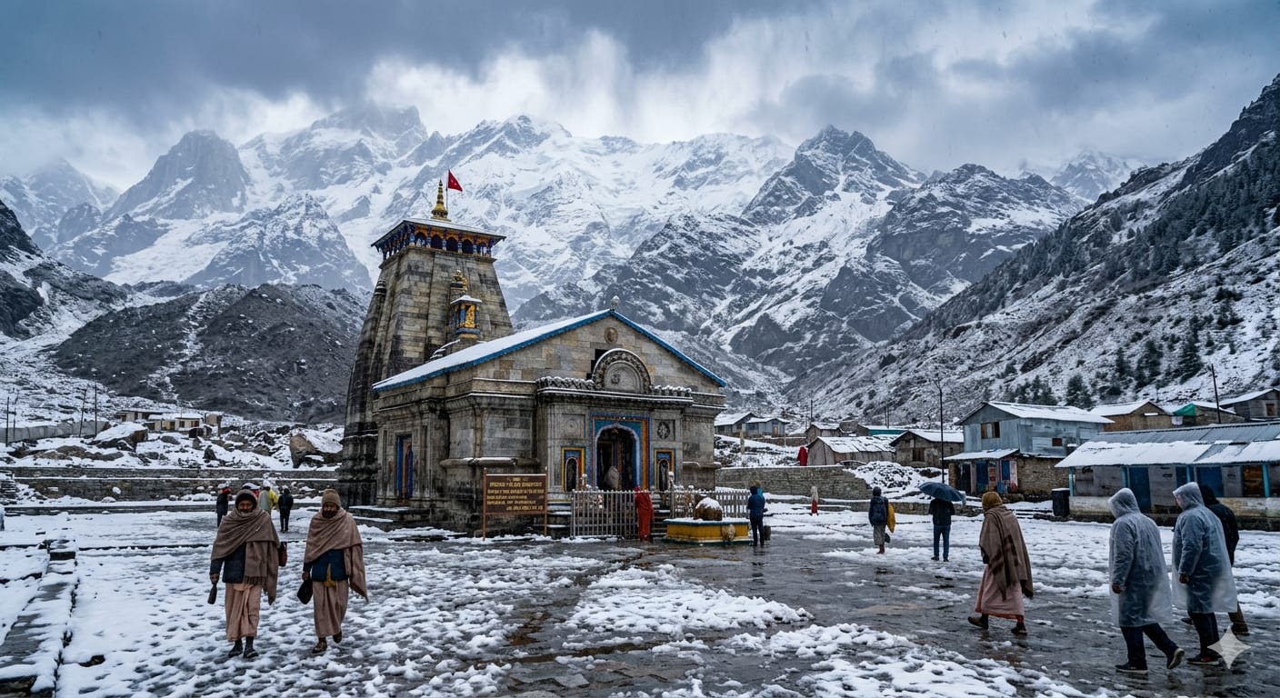 बर्फ की चादर में ढका हुआ केदारनाथ मंदिर और आस-पास के पहाड़। उत्तराखंड में अप्रैल में बर्फबारी का दृश्य।