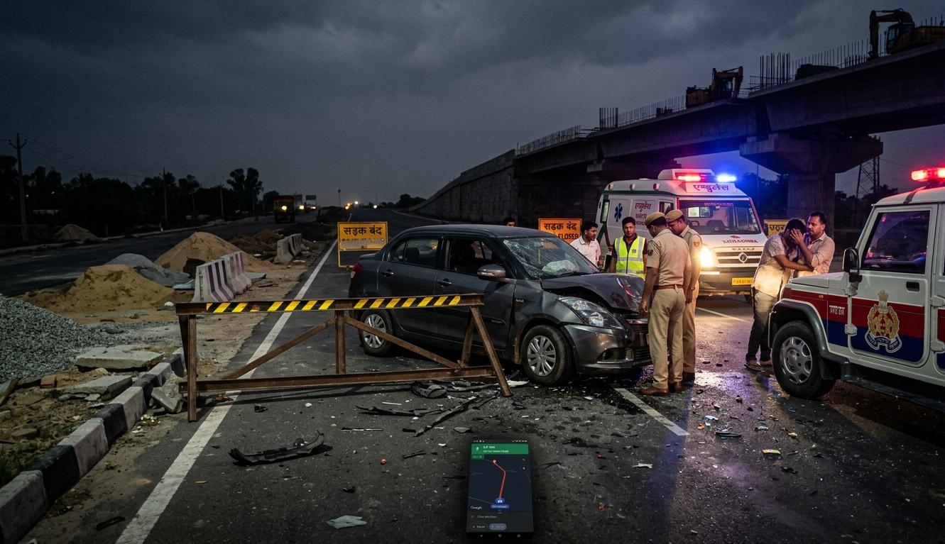 दुर्घटनाग्रस्त कार और दिल्ली-देहरादून ग्रीनफील्ड हाईवे पर लगा बैरियर।