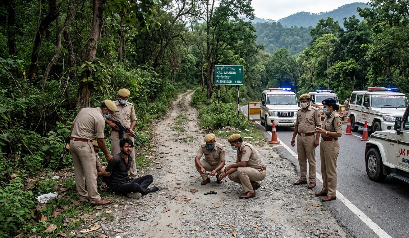 ऋषिकेश पुलिस मुठभेड़ के बाद गिरफ्तार किया गया आरोपी और मौके पर तैनात उत्तराखंड पुलिस।