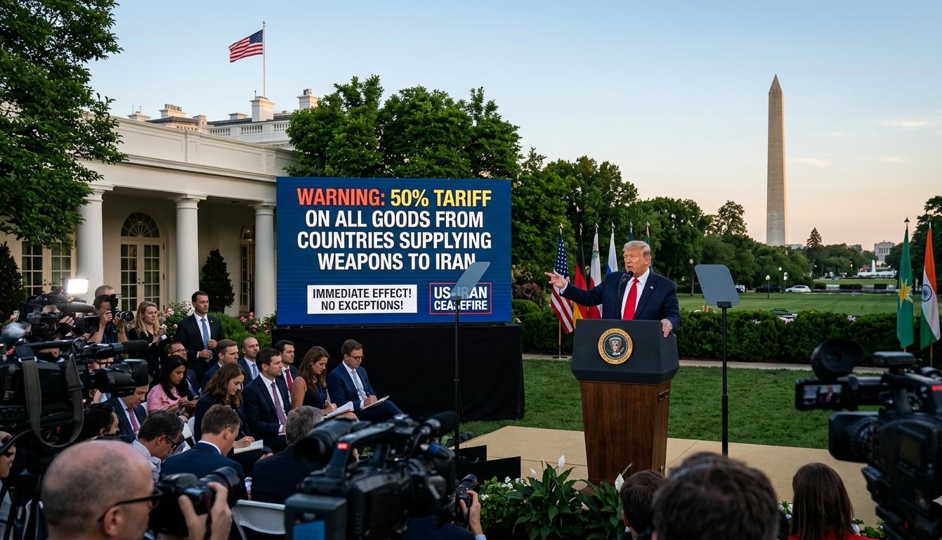 अमेरिकी राष्ट्रपति डोनल्ड ट्रंप, व्हाइट हाउस के रोज़ गार्डन में मीडिया के सामने खड़े होकर ईरान को हथियार देने वाले देशों पर 50% टैरिफ लगाने की घोषणा कर रहे हैं, पीछे स्क्रीन पर हिंदी में 'चेतावनी: 50% टैरिफ' लिखा है और वॉशिंगटन स्मारक दिख रहा है।