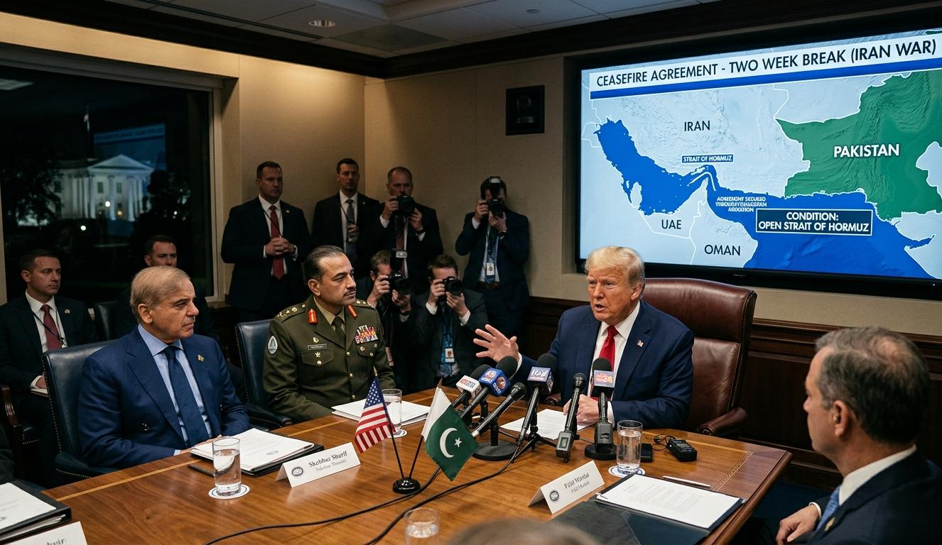 * वाशिंगटन डी.सी. में व्हाइट हाउस में डोनाल्ड ट्रम्प, पाकिस्तान के प्रधानमंत्री शहबाज शरीफ और फील्ड मार्शल आसिम मुनीर एक टेबल पर बैठकर चर्चा कर रहे हैं। पृष्ठभूमि में एक बड़ी स्क्रीन पर "होर्मुज जलडमरूमध्य खोलने" की शर्त के साथ "ईरान युद्ध पर दो सप्ताह का ब्रेक" शीर्षक वाला एक नक्शा दिखाई दे रहा है।