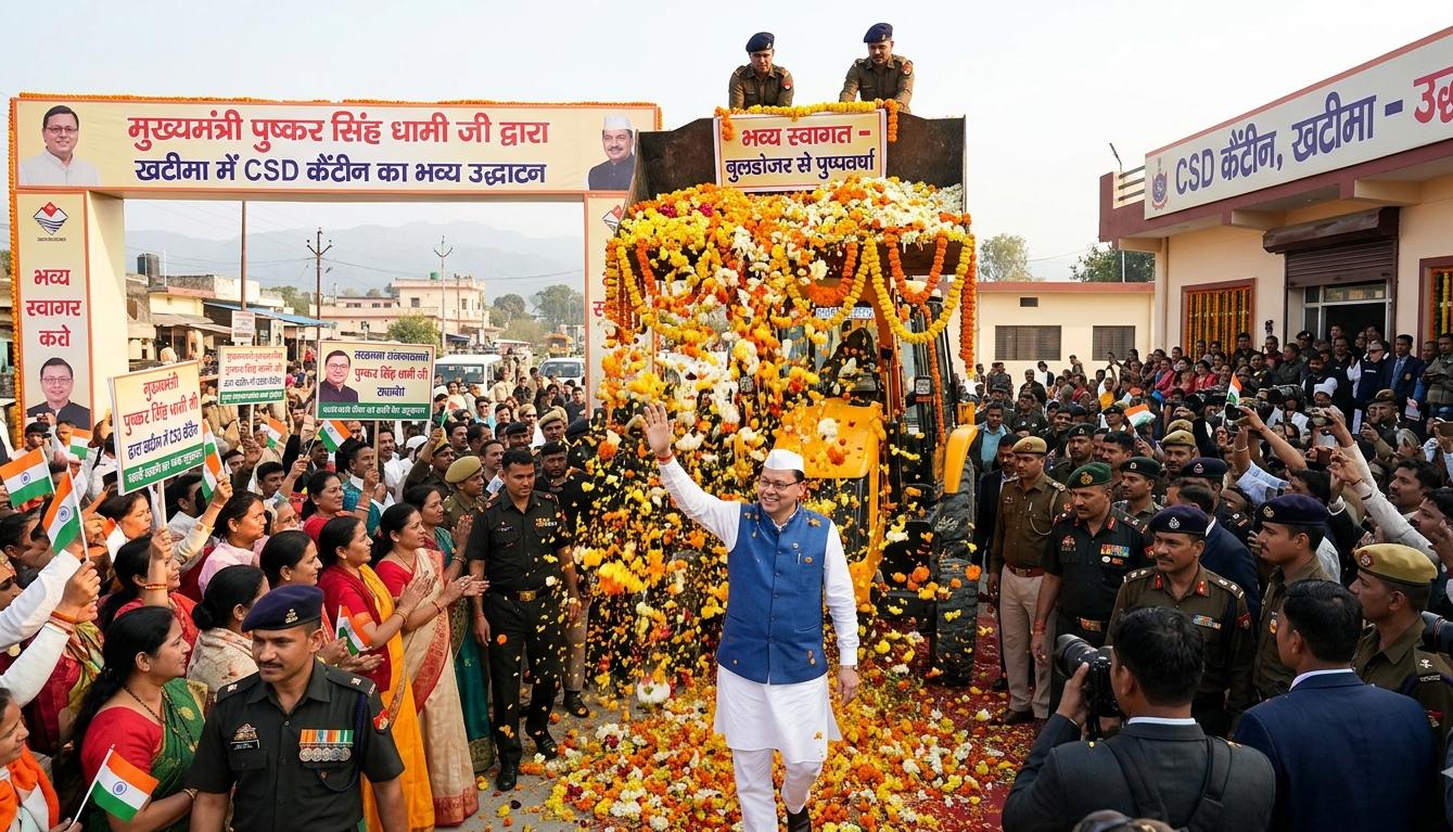 मुख्यमंत्री पुष्कर सिंह धामी खटीमा में सीएसडी कैंटीन का उद्घाटन करते हुए और बुलडोजर से पुष्पवर्षा का दृश्य।