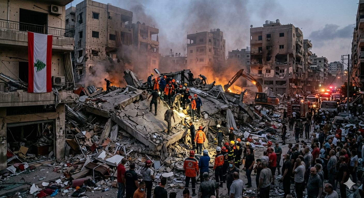 लेबनान के बेरूत में इजरायली हवाई हमले के बाद मलबे में दबी इमारतें और बचाव कार्य करते लोग।
