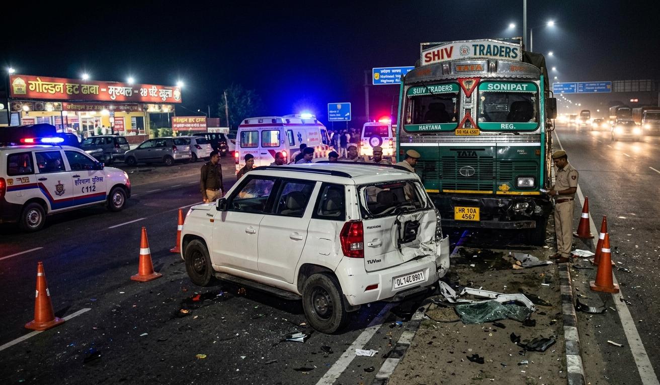 NH-44 सोनीपत पर ट्रक और कार की टक्कर के बाद का दृश्य, जहाँ हरियाणा पुलिस और एम्बुलेंस मौजूद हैं।