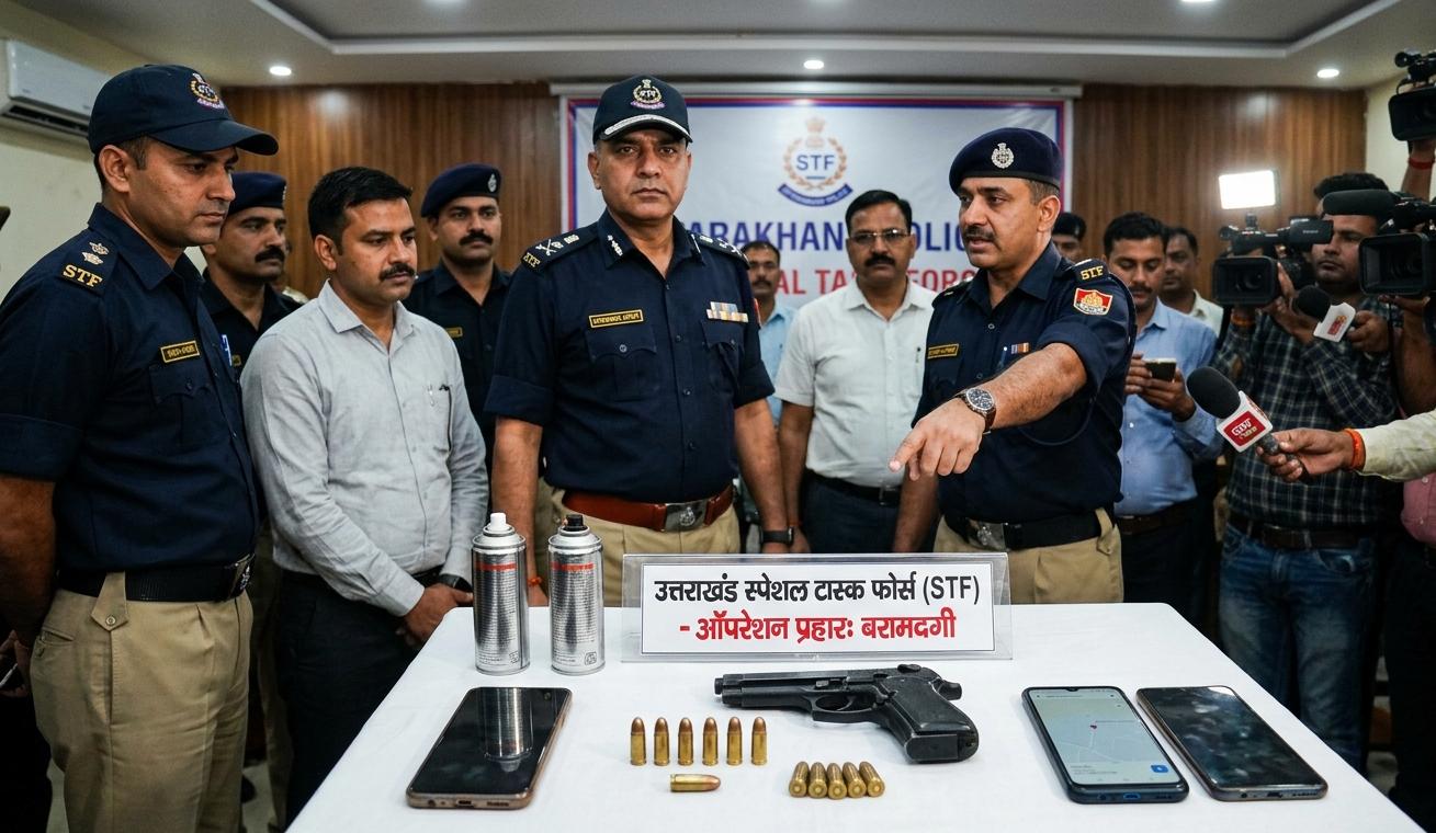 उत्तराखंड एसटीएफ द्वारा गिरफ्तार पाक एजेंट से बरामद पिस्टल, कारतूस और स्प्रे पेंट की न्यूज़ फोटो।