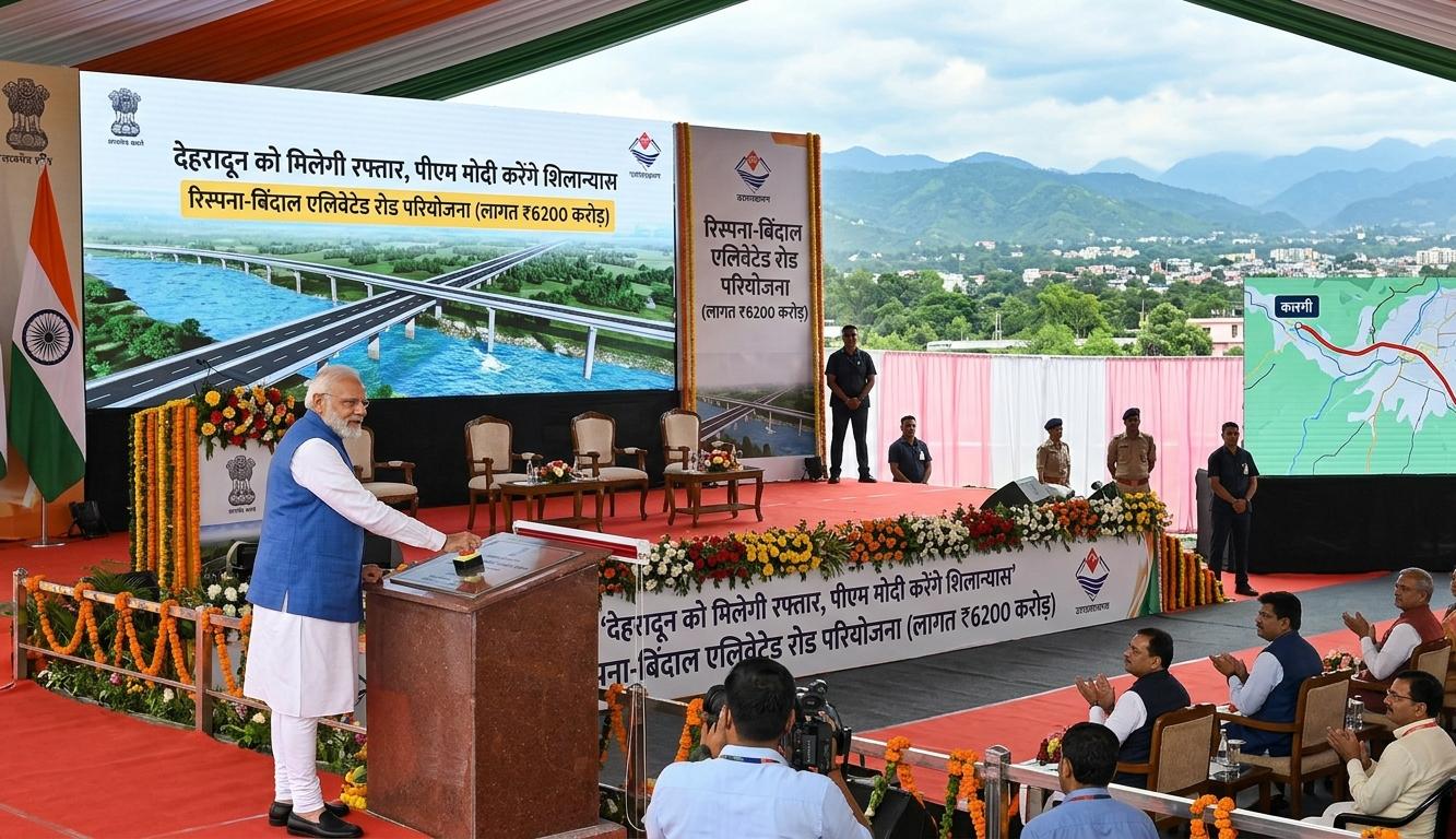 देहरादून में रिस्पना-बिंदाल एलिवेटेड रोड का शिलान्यास करते पीएम नरेंद्र मोदी का ग्राफिक