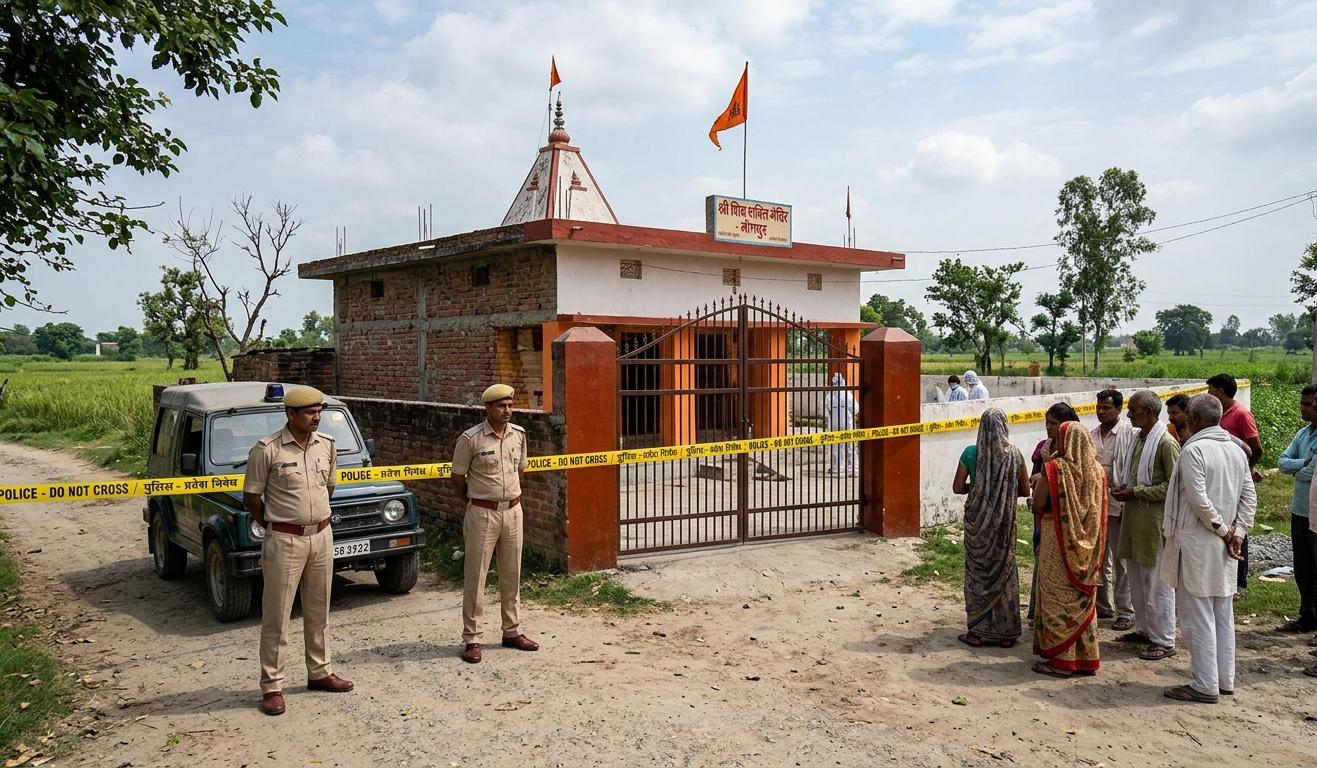 हरिद्वार के लक्सर में मंदिर के बाहर तैनात पुलिस और जांच करती टीम