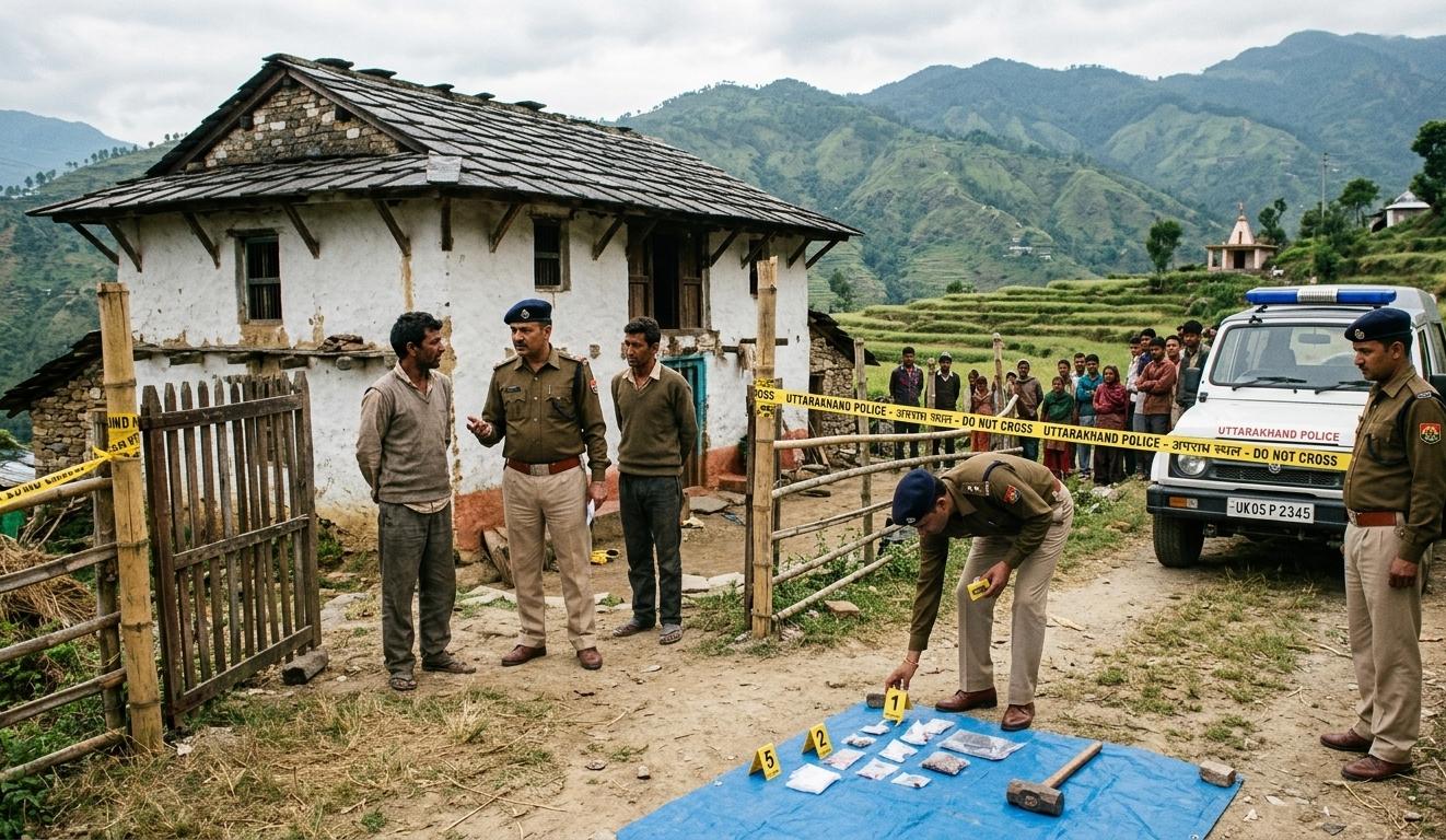उत्तराखंड के पिथौरागढ़ में एक घर के बाहर जांच करती पुलिस और क्राइम सीन की सुरक्षा घेराबंदी।