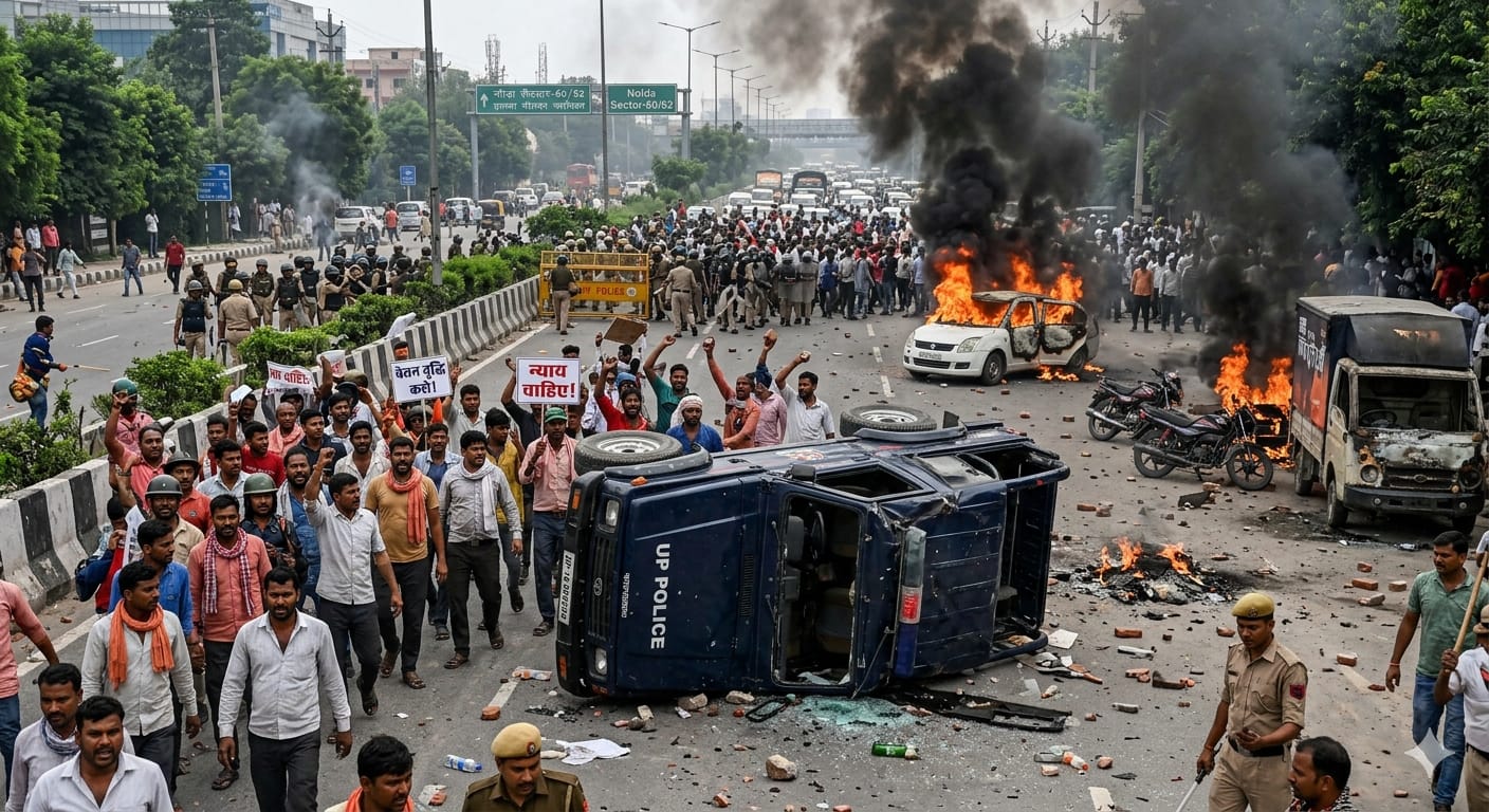 नोएडा में वेतन वृद्धि की मांग को लेकर प्रदर्शन करते कर्मचारी और जलती हुई कारें.