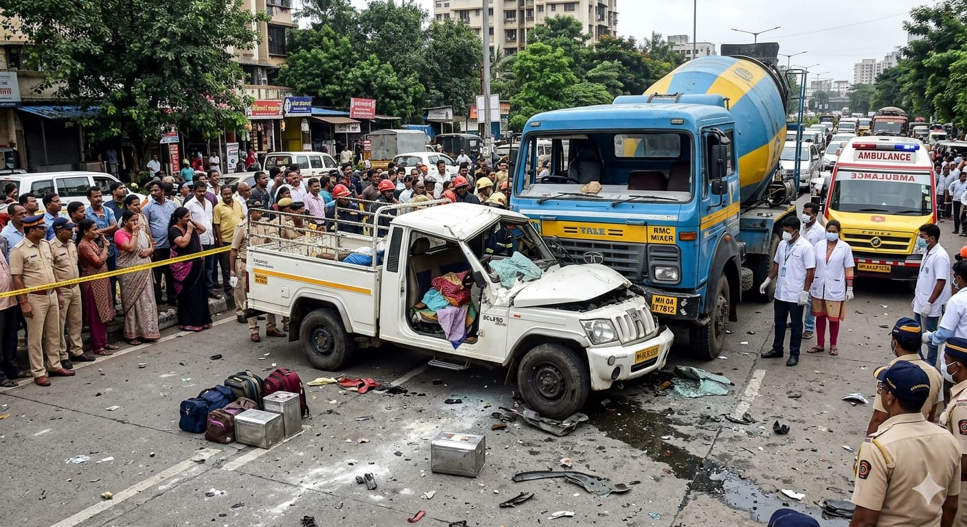 ठाणे में सीमेंट मिक्सर और वैन के बीच भीषण सड़क दुर्घटना का दृश्य।