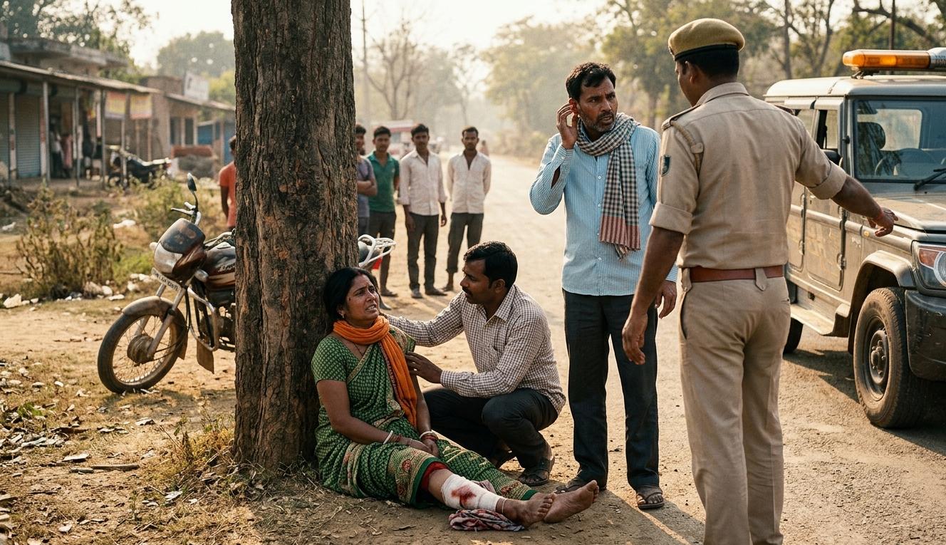 केंद्र संचालक महिला और उनके पति से पूछताछ करती झारखंड पुलिस की टीम और पास खड़ी पुलिस जीप।