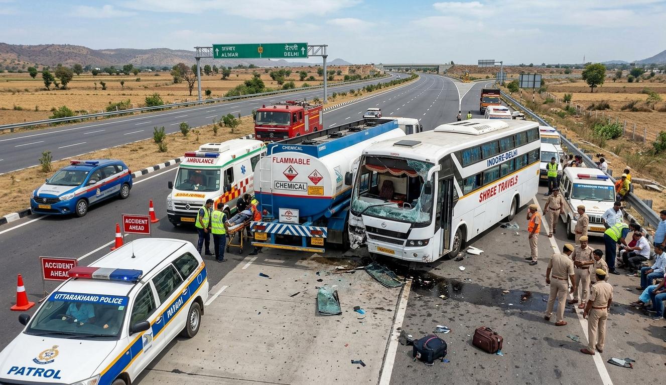 दिल्ली-मुंबई एक्सप्रेस-वे पर बस और केमिकल ट्रक की टक्कर के बाद राहत और बचाव कार्य।