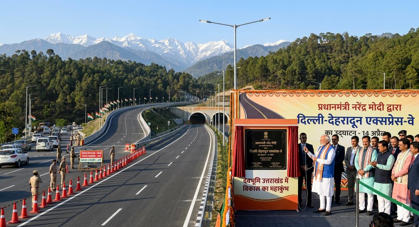 प्रधानमंत्री नरेंद्र मोदी द्वारा उत्तराखंड में दिल्ली-देहरादून एक्सप्रेस-वे का उद्घाटन समारोह और आधुनिक एक्सप्रेस-वे का दृश्य।
