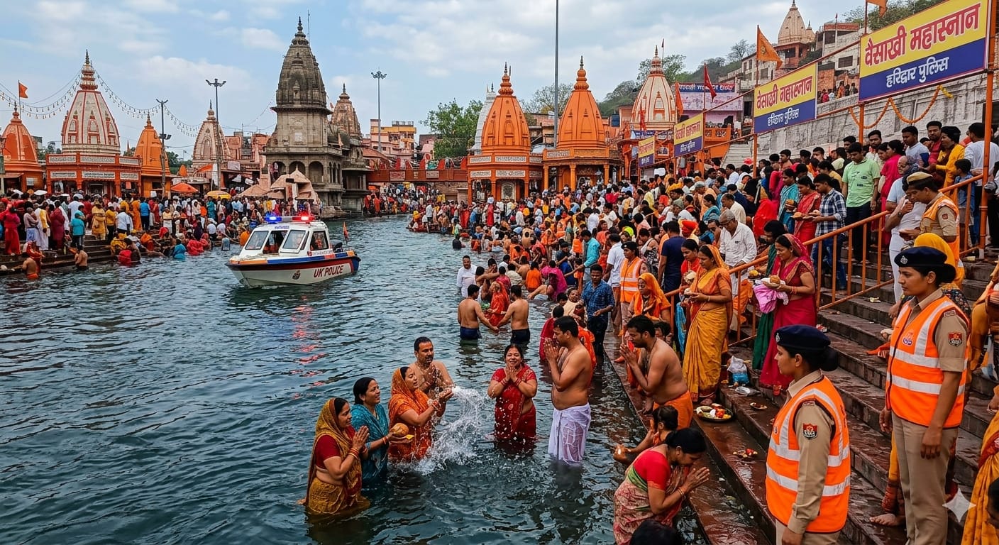 हरिद्वार हर की पैड़ी पर बैसाखी स्नान करते श्रद्धालु और सुरक्षा में तैनात पुलिस बल।