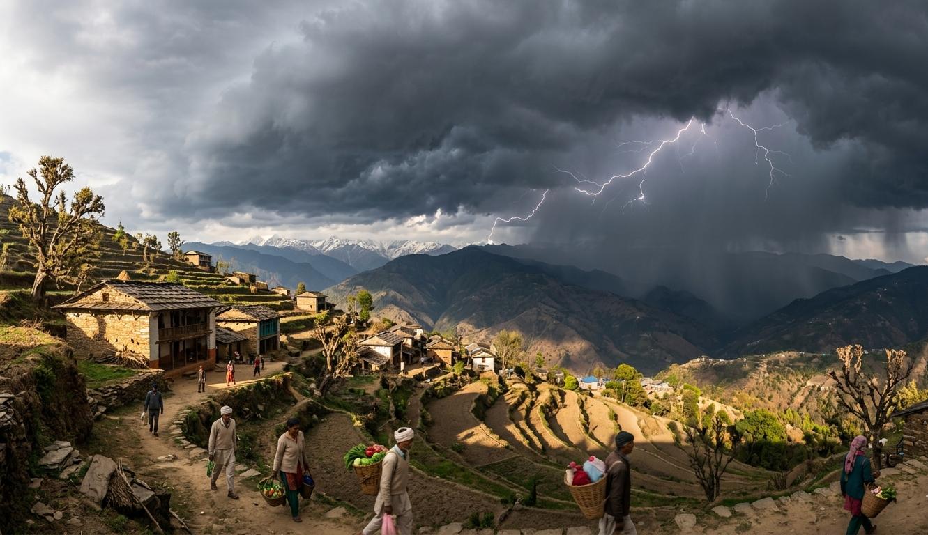 उत्तराखंड मौसम समाचार: अल्मोड़ा के गाँव में खिली धूप के साथ हिमालय पर आते हुए काले, गरज-चमक वाले बादल और बिजली चमकना। |