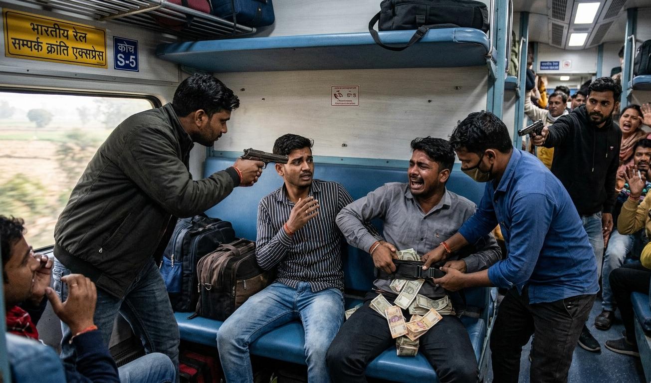 संपर्क क्रांति ट्रेन में व्यापारी के कर्मचारियों से पैसे लूटते हुए बंदूकधारी बदमाश।