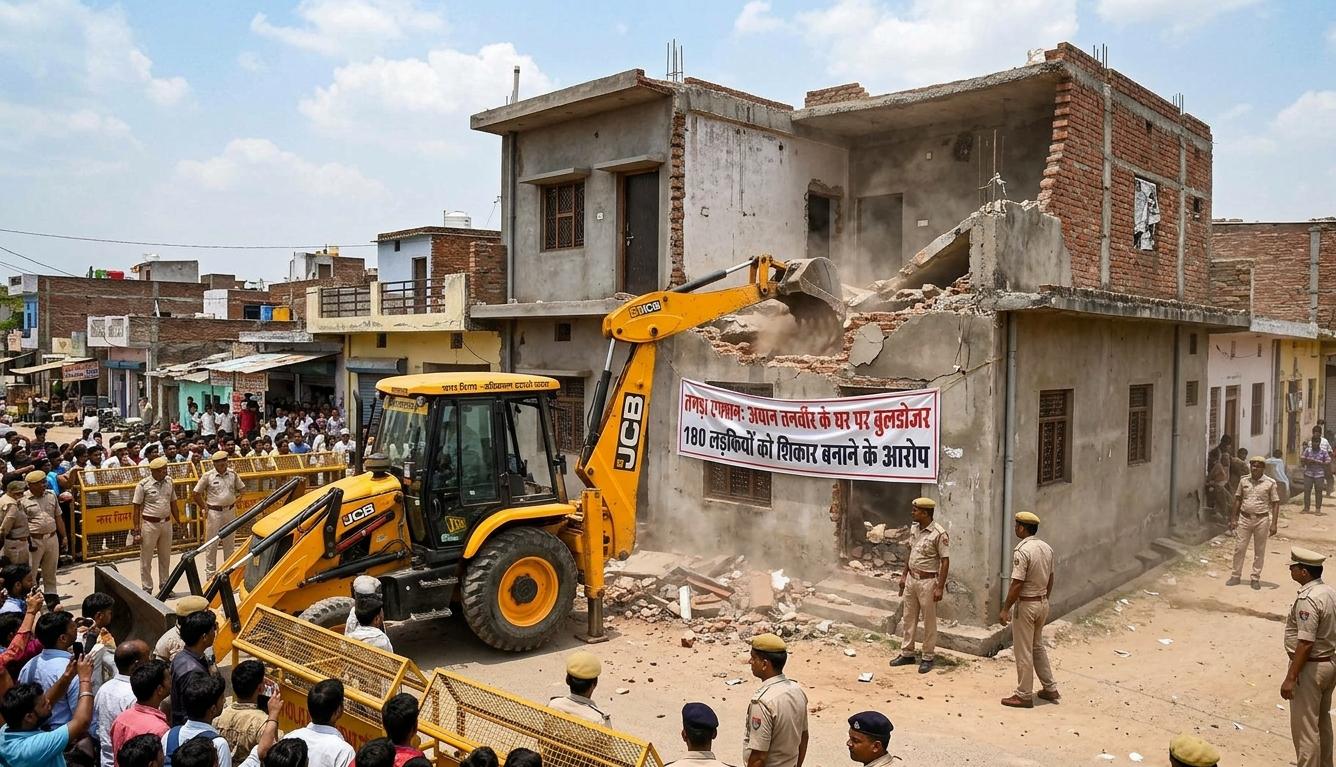 अयान तनवीर का घर गिराता हुआ बुलडोजर और सुरक्षा में तैनात पुलिस बल।