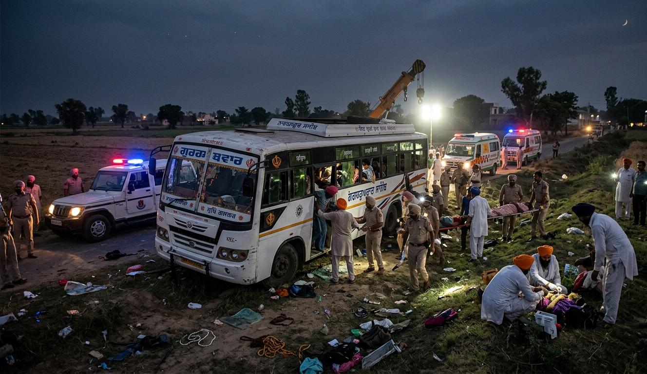 फतेहगढ़ साहिब के पास बैसाखी श्रद्धालुओं की बस पलटी, रात के अंधेरे में पुलिस और ग्रामीण घायल लोगों को बाहर निकाल रहे हैं। एम्बुलेंस और पुलिस वाहन की फ्लैशलाइट जल रही है और बस क्षतिग्रस्त है। |