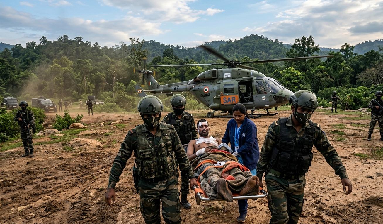 झारखंड के सारंडा जंगल में घायल कोबरा जवानों को एयरलिफ्ट करने का दृश्य