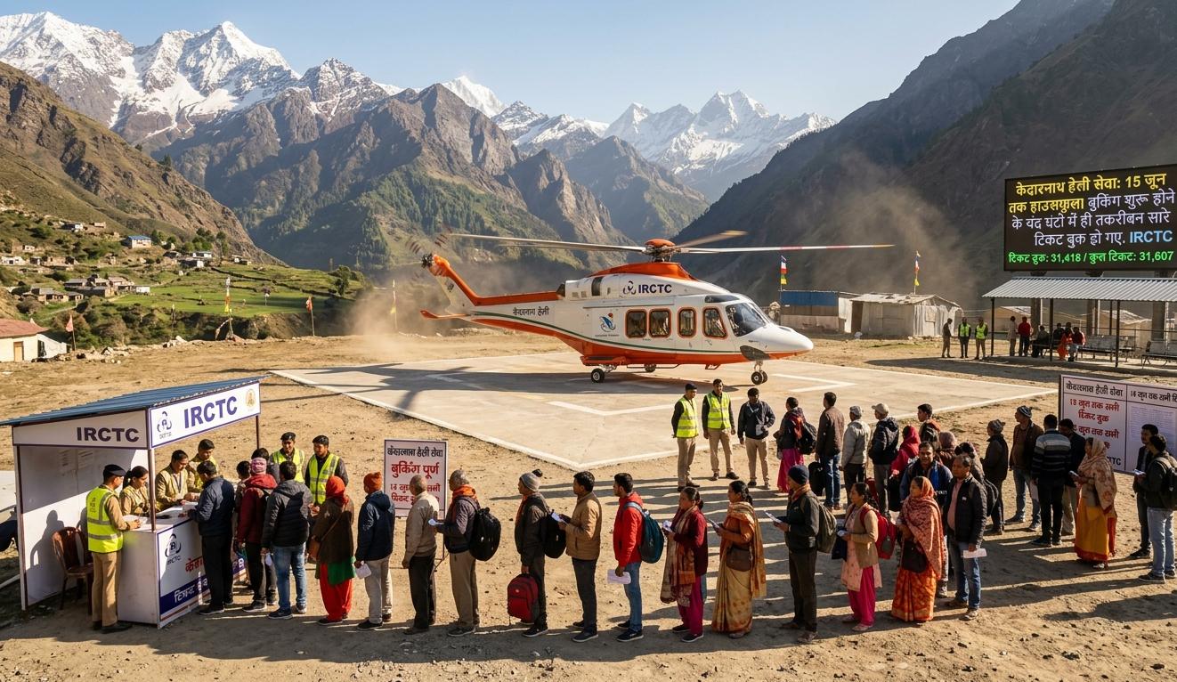 केदारनाथ हेली सेवा के लिए गुप्तकाशी हेलीपैड पर IRCTC काउंटर के बाहर कतार में लगे श्रद्धालु और खड़ी हेलीकॉप्टर।