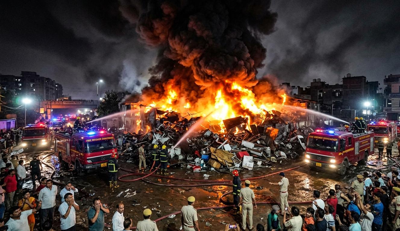 गाजियाबाद के कनावनी पुलिया के पास कबाड़ गोदाम में लगी भीषण आग और दमकल की गाड़ियां।