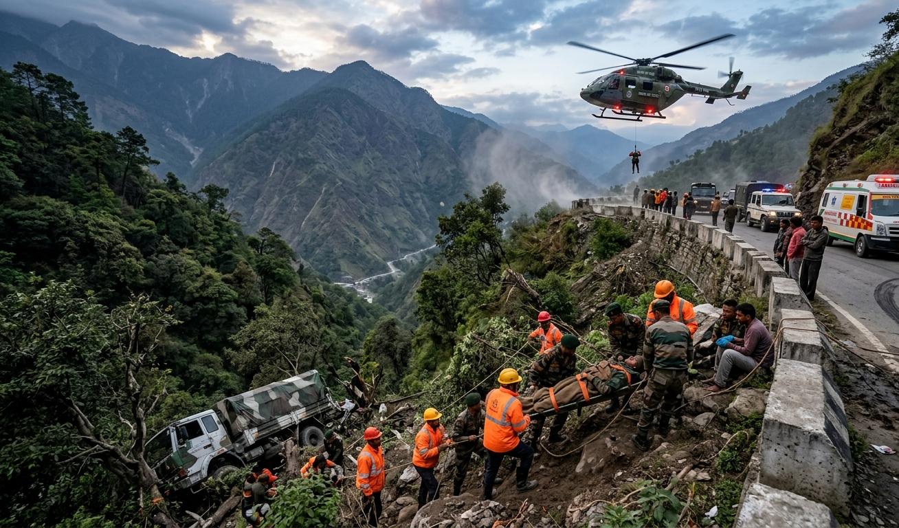 चमोली में खाई में गिरा सेना का वाहन और एयरलिफ्ट रेस्क्यू ऑपरेशन।