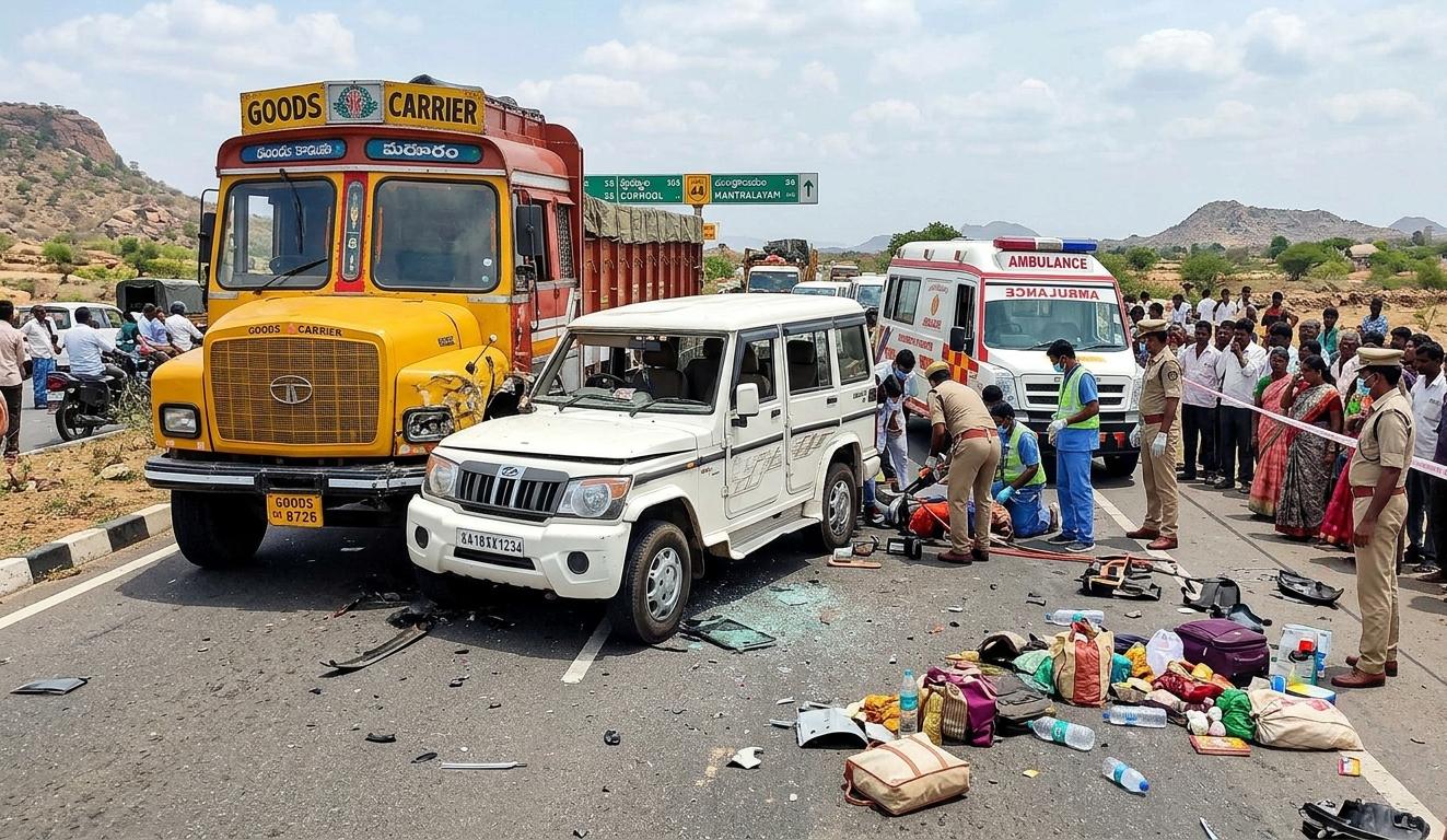 कुरनूल सड़क हादसे में क्षतिग्रस्त बोलेरो और लॉरी की प्रतीकात्मक तस्वीर