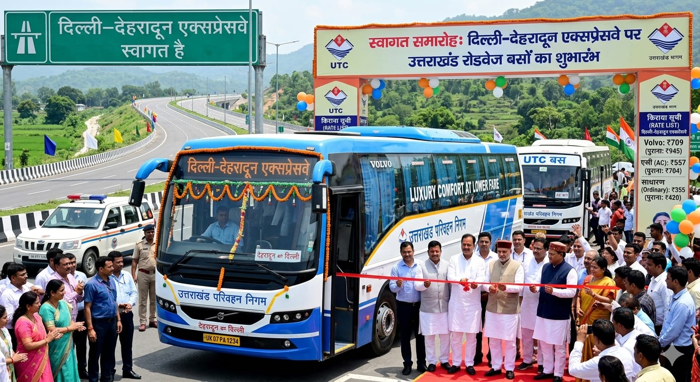 दिल्ली-देहरादून एक्सप्रेसवे पर चलती उत्तराखंड परिवहन निगम की वाल्वो बस और नए किराए की सूची।