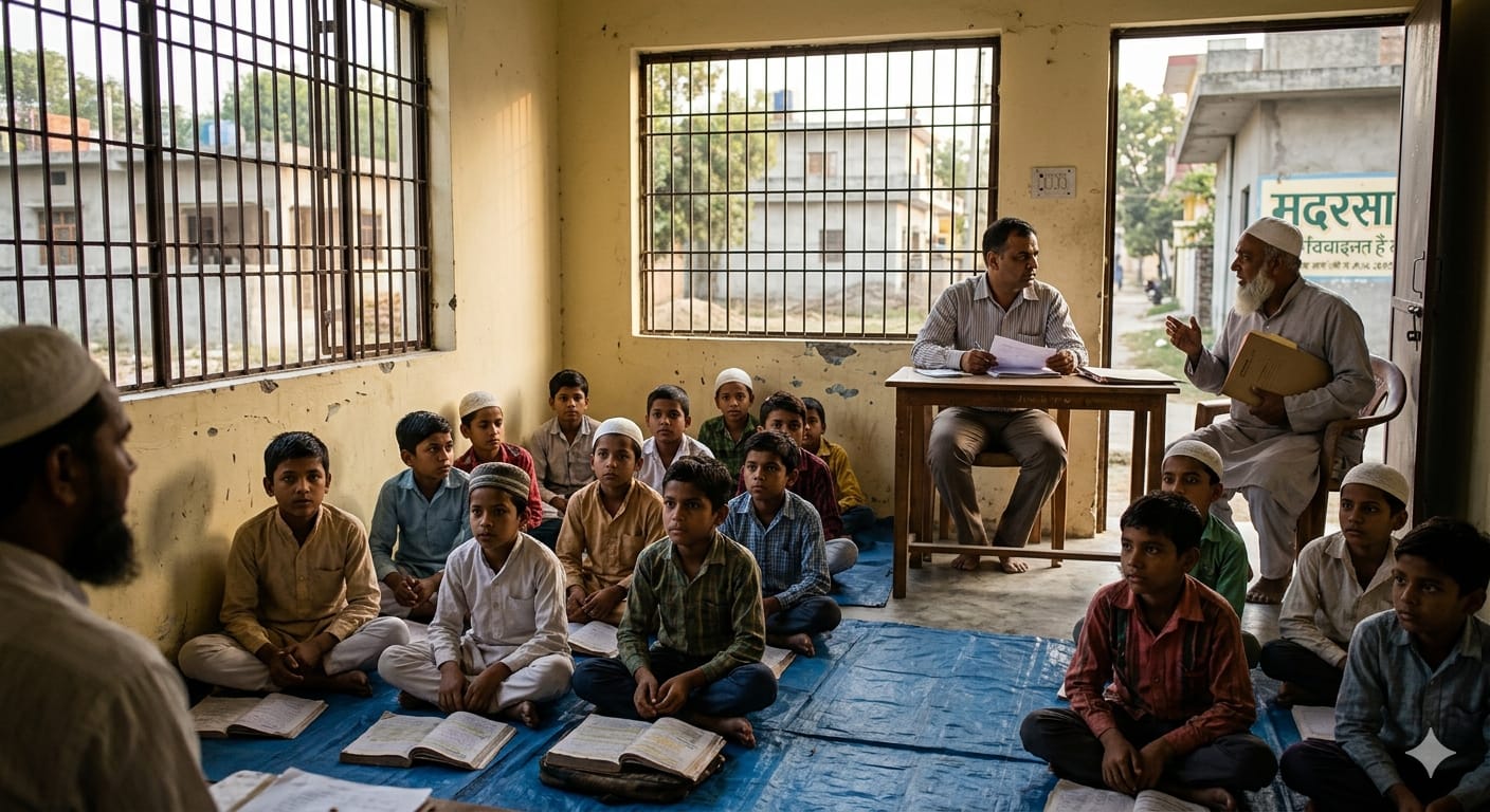 देहरादून के एक मदरसे में जांच करते सरकारी अधिकारी और बैठे हुए छात्र।