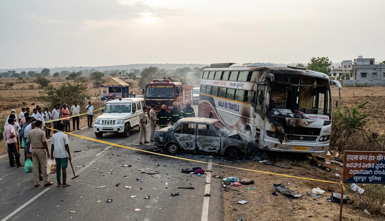 कर्नाटक के यादगीर में बस और कार की टक्कर के बाद जली हुई गाड़ी और मौके पर मौजूद पुलिस बल।