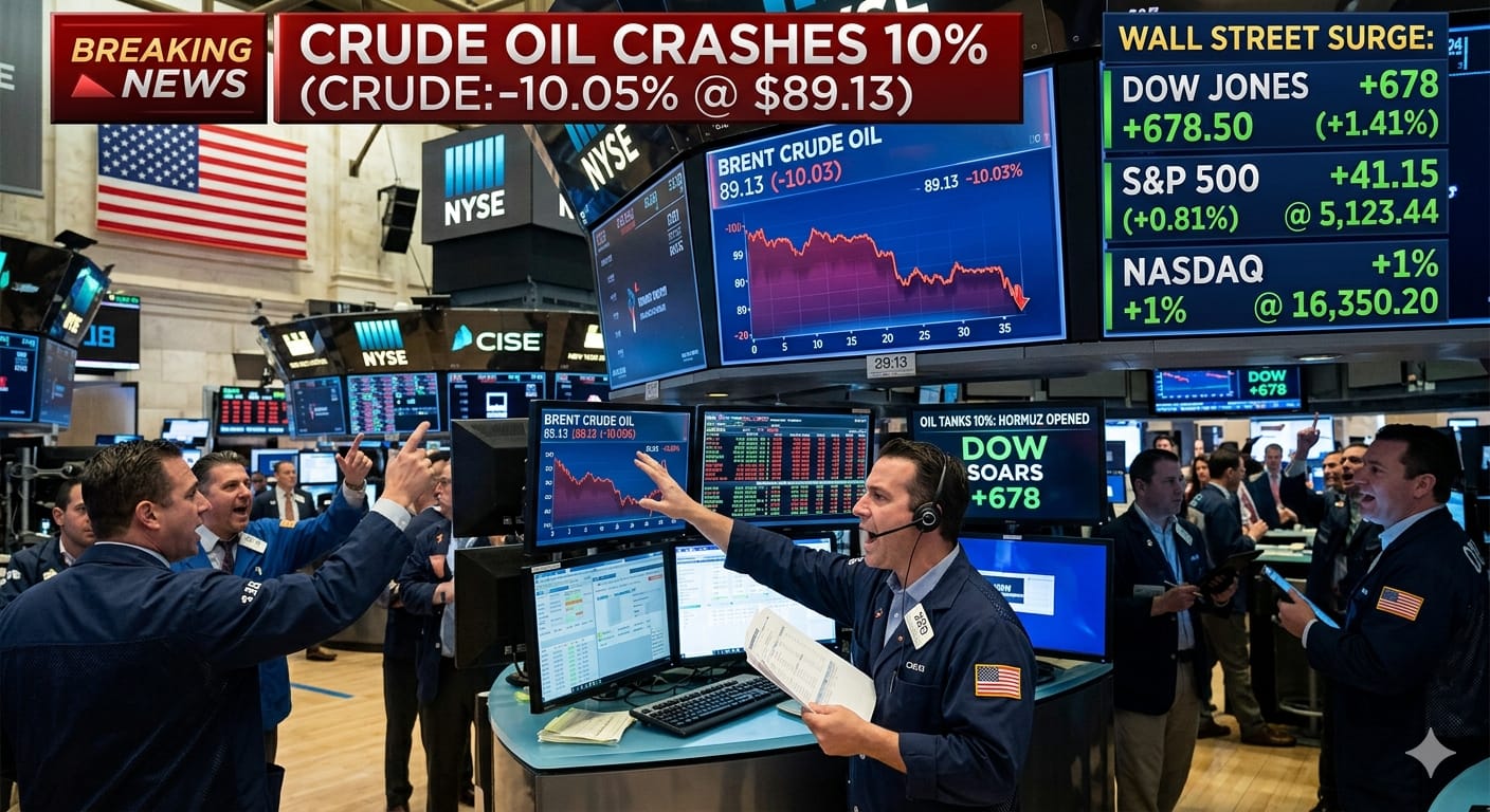 'कच्चे तेल की कीमतों में गिरावट और वॉल स्ट्रीट में उछाल के बीच न्यूयॉर्क स्टॉक एक्सचेंज का फर्श, होर्मुज के खुलने की खबर।' (