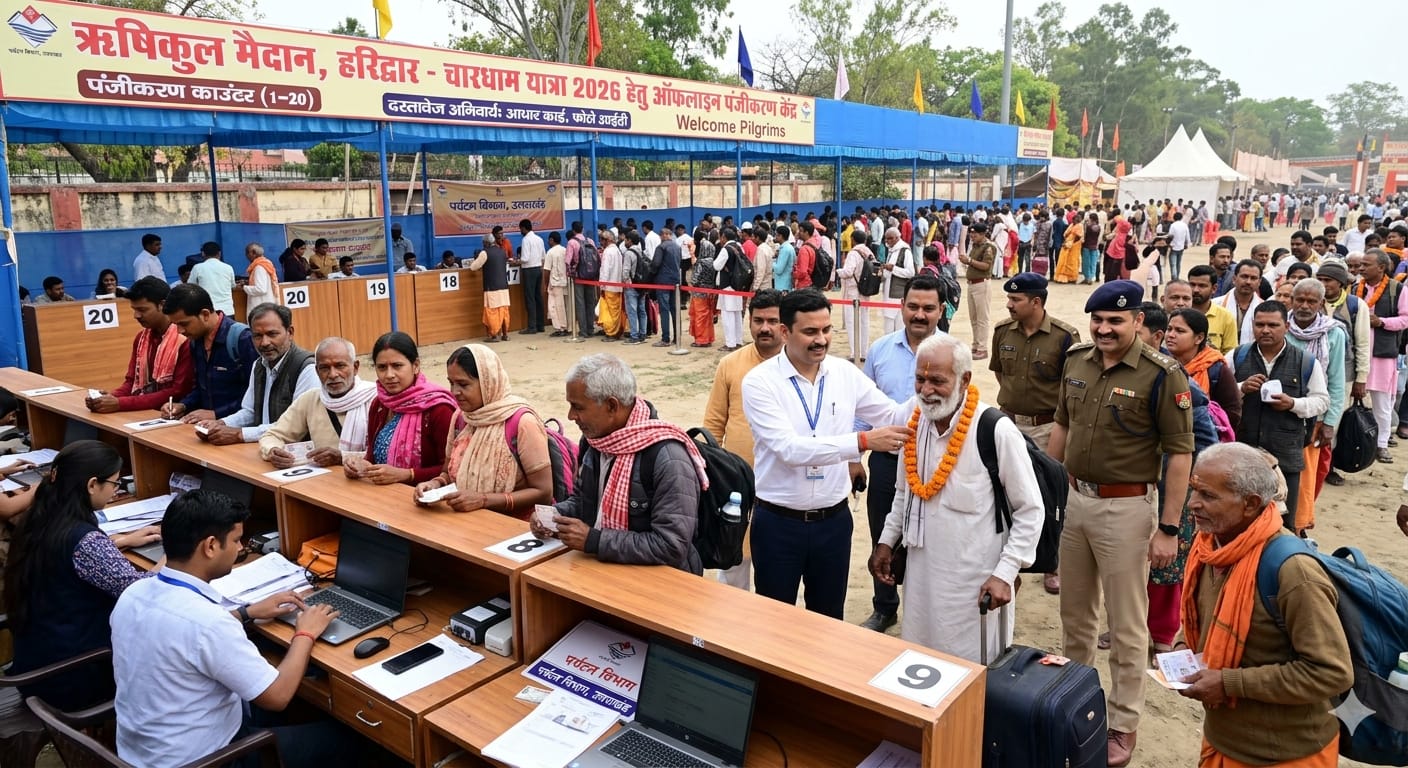 ऋषिकुल मैदान हरिद्वार में चारधाम यात्रा पंजीकरण केंद्र पर कतार में लगे श्रद्धालु।
