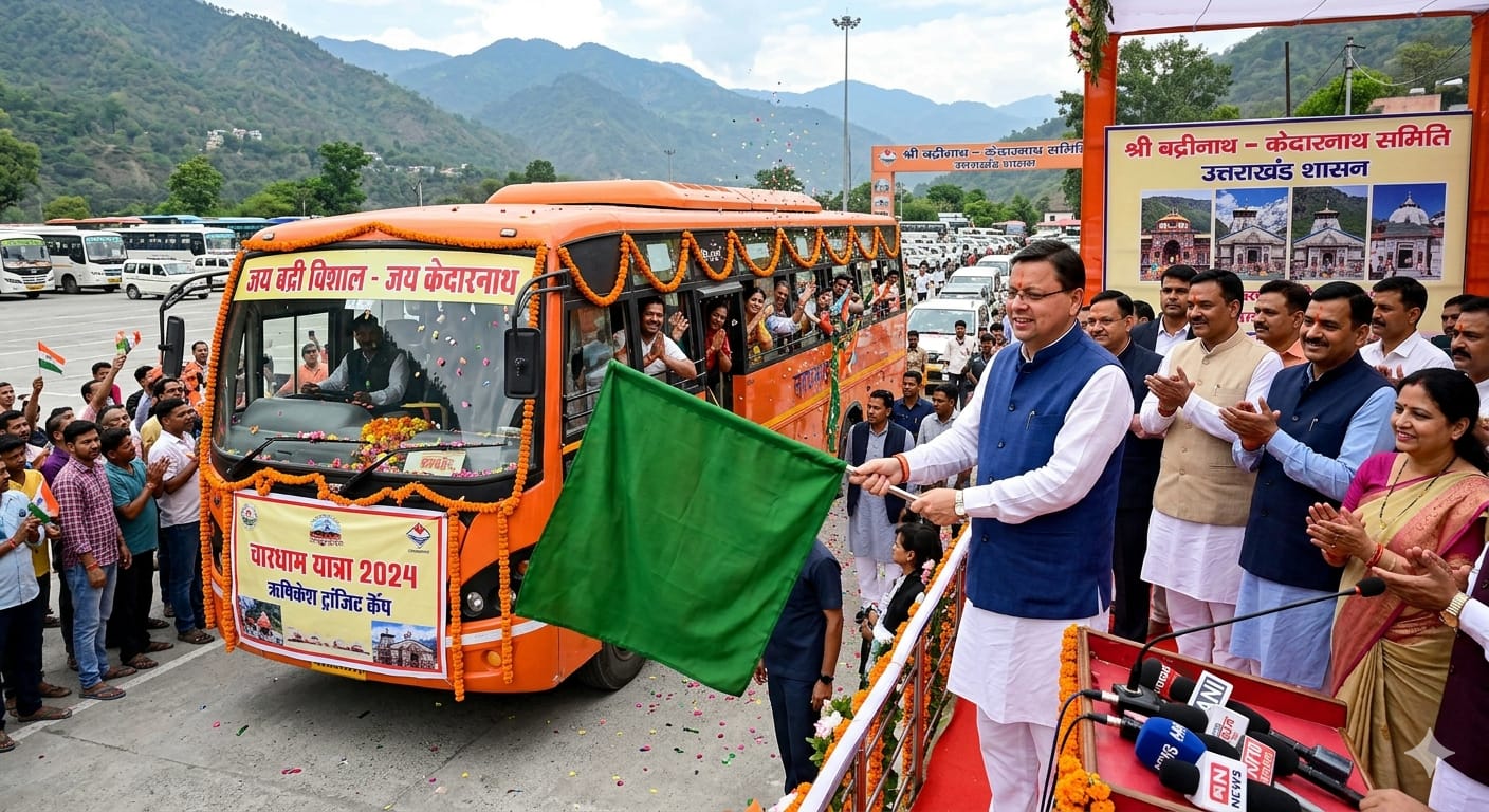मुख्यमंत्री पुष्कर सिंह धामी चारधाम यात्रा के वाहनों को हरी झंडी दिखाते हुए।