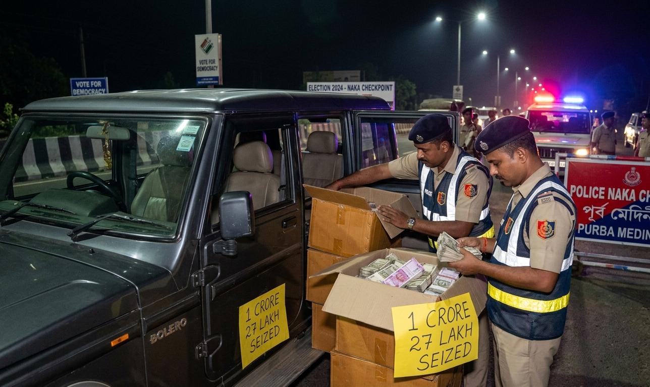 पुलिस अधिकारियों द्वारा पूर्व मेदिनीपुर में नाका चेकिंग के दौरान बरामद की गई 1 करोड़ 27 लाख रुपये की नकदी।