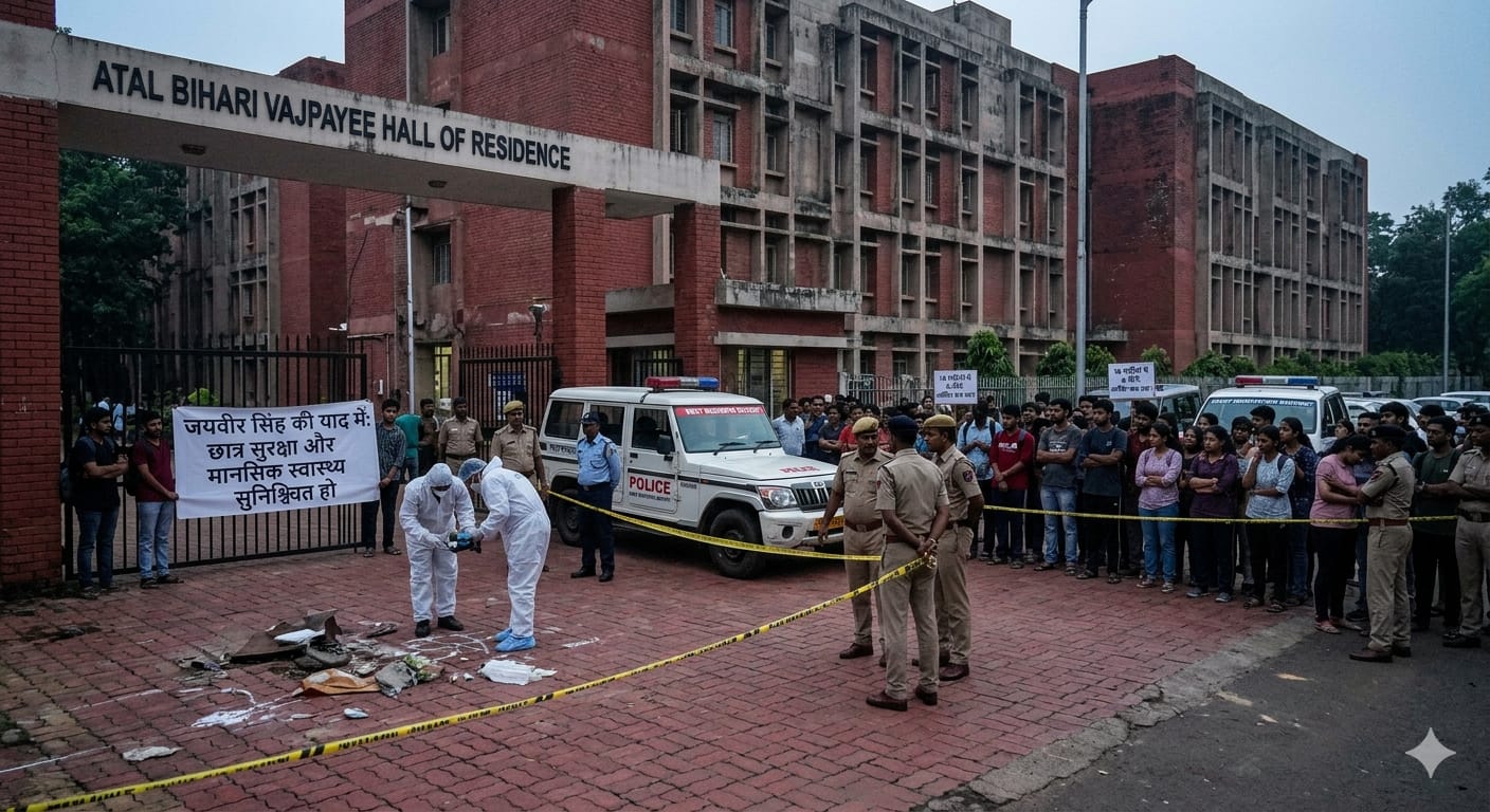 आईआईटी खड़गपुर का अटल बिहारी वाजपेयी हॉल और बाहर तैनात पुलिस बल |