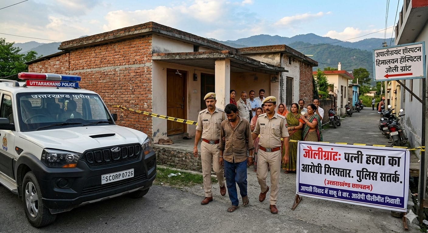 जौलीग्रांट पुलिस द्वारा गिरफ्तार किया गया हत्या का आरोपी और घटनास्थल का दृश्य |
